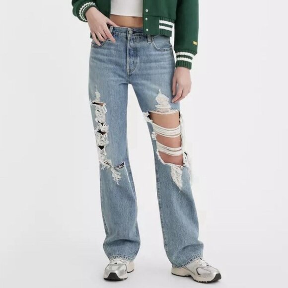 Levi's Women's 501 90s Jeans Size 24 x 30 Blue Distressed Mid Rise Loose NWT $98 - Picture 1 of 16